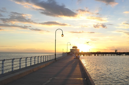 Sunset on the St Kilda jetty, Melbourne, Australiaの写真素材