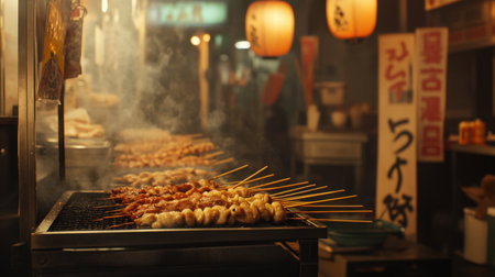 Delicious yakitori skewers grilling on a street food stall in Japan at night.  The smoky scene evokes warmth and appetite.の素材