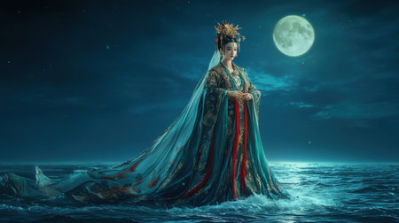 A woman in traditional Chinese clothing stands serenely on the water under a full moon. The scene is peaceful and mystical.の素材