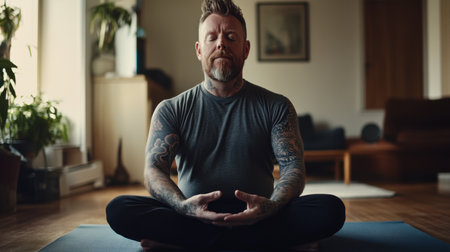A tattooed man sits in a cross-legged meditation pose on a yoga mat in his home, eyes closed, cultivating inner peace and serenity.の素材