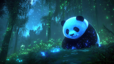 A luminous panda rests in a mystical forest at night, surrounded by glowing flora. A serene and enchanting scene.の素材