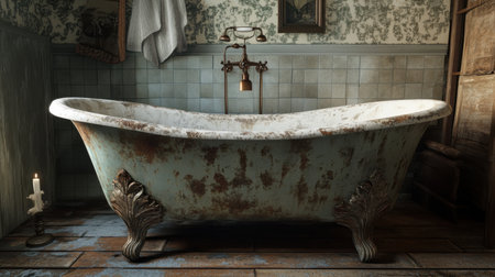 A rusty vintage clawfoot bathtub sits in an antique bathroom, showcasing aged elegance and rustic charm.の素材