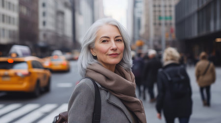A stylish mature woman with grey hair smiles confidently while walking in a busy New York City street.の素材
