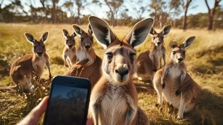 A close-up selfie with a group of kangaroos in the Australian outback.  A fun and memorable wildlife encounter.の素材