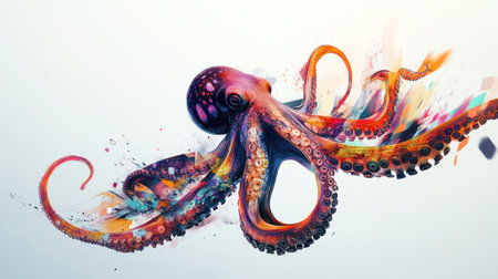 A vibrant digital art depicting an octopus with abstract, colorful tentacles.  A surreal underwater scene.の素材