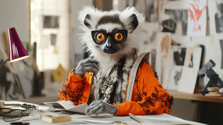 A ring-tailed lemur dressed as a fashion designer works diligently at his desk, surrounded by design sketches and measuring tape.の素材
