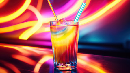 A layered cocktail in a tall glass with ice and two straws, set against a backdrop of vibrant neon lights.の素材