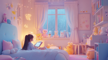 A young girl sits on her bed, using a tablet, surrounded by soft toys in a pastel-colored room. Rain falls gently outside the window.の素材