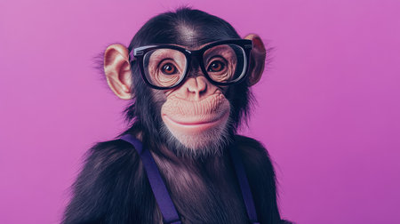 A close-up portrait of a charming baby chimpanzee wearing glasses against a vibrant purple backdrop. The image exudes playfulness and cuteness.の素材