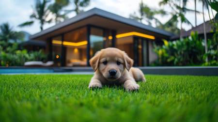 A golden retriever puppy enjoys the lush green grass in the backyard of a beautiful villa.  The scene is peaceful and serene.の素材