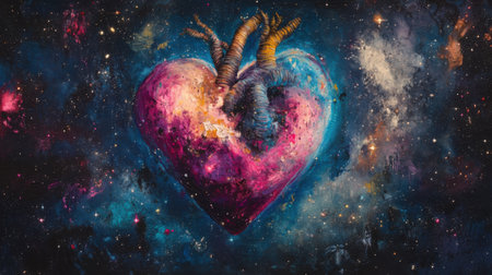 A vibrant painting depicting a heart-shaped nebula in space.  Cosmic colors and intricate details create a sense of awe and wonder.の素材