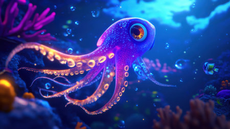 A vibrant, cartoonish octopus swims in a colorful underwater world. Bubbles and coral add to the scene's beauty.の素材