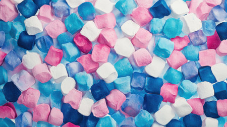 A vibrant image featuring a collection of pastel-colored marshmallows. The image offers a delightful, sweet texture and a satisfying visual experience.の素材