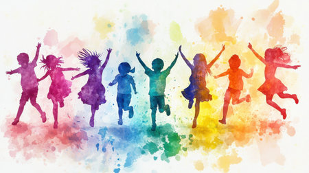 Silhouettes of happy children jumping in a vibrant watercolor background.  A joyful image representing carefree youth.の素材
