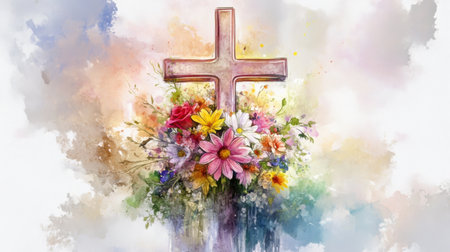 A serene watercolor painting depicting a cross surrounded by a vibrant bouquet of flowers, symbolizing faith, hope, and peace.の素材