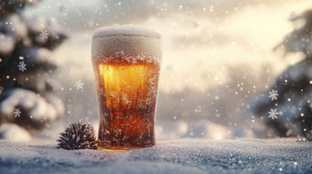 A frosty glass of amber ale sits on a snowy surface, with a wintery landscape in the background. Perfect winter beverage.の素材