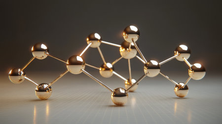 Golden spheres connected by thin rods create a complex abstract molecular structure.  It represents innovation and networking.の素材