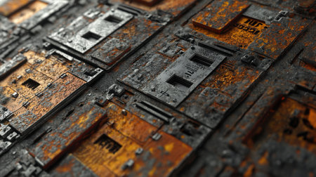 Close up of a rusted metallic surface resembling a circuit board.  Dark, gritty texture.の素材