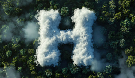 A stunning aerial shot reveals a cloud shaped as the letter H hovering over a dense forest.  The scene is serene and peaceful.の素材