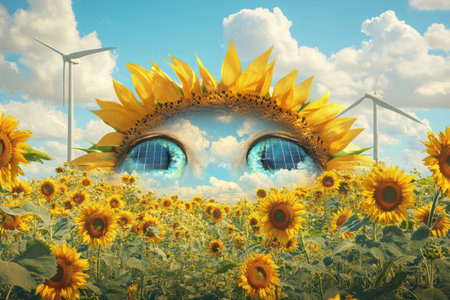 A surreal image depicting a giant sunflower with solar panels for eyes, surrounded by wind turbines and a field of sunflowers. It symbolizes the harmony between nature and sustainable energy.の素材