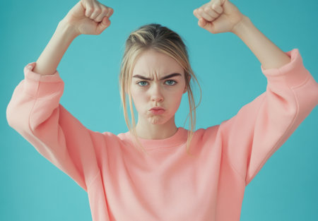 A young woman in a pink sweatshirt expresses displeasure with her arms raised against a teal backdrop. The image showcases fashion and emotion.の素材