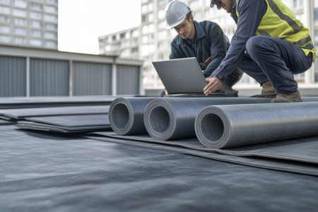 Two construction workers examine rolls of waterproofing membrane on a new rooftop. They utilize a laptop to review plans and ensure quality.の素材