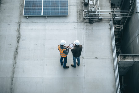 Two engineers on a rooftop examine solar panels using tablets.  They are wearing safety helmets and vests.の素材