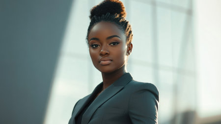 A portrait of a confident Black businesswoman. She exudes power and success in a modern urban setting.の素材