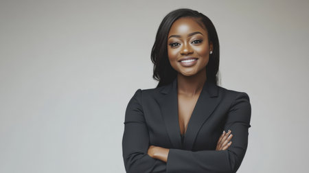 A smiling African American businesswoman in a black suit with arms crossed against a gray background. Professional and confident portraitの素材