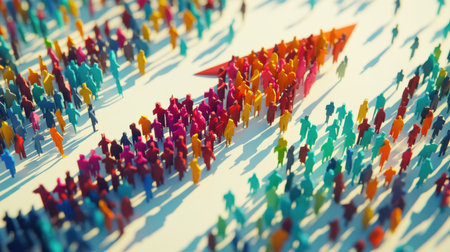 Colorful illustration of a large group of people forming a giant arrow, symbolizing collective movement and unity.の素材