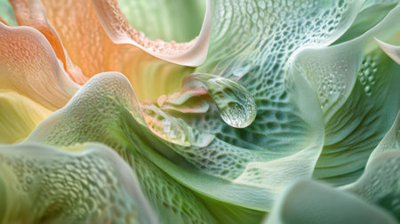 Macro shot showcasing a succulent plant's intricate textures.  Dew drops highlight the pastel colors and unique patterns. A stunning natural beauty.の素材