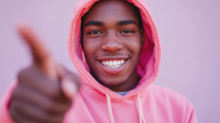 A close-up portrait of a young man wearing a pink hoodie, smiling and pointing towards the camera. He radiates joy and approachability.の素材