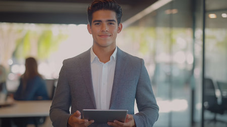 A young, successful businessman confidently holds a tablet in a modern office environment. He exudes professionalism and success.の素材