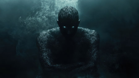 A digital painting of a dark, mysterious creature shrouded in fog. The image evokes feelings of fear and unease.の素材