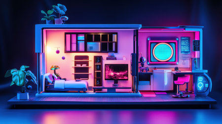 A miniature futuristic apartment with vibrant neon lighting, showcasing a stylish bedroom and a high tech workspace.の素材
