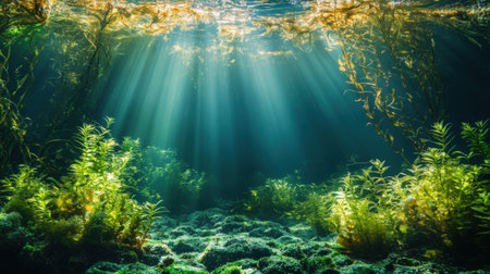 Sunlit underwater scene showcasing a vibrant aquatic ecosystem.  Peaceful and serene, the image highlights the beauty of underwater flora.の素材