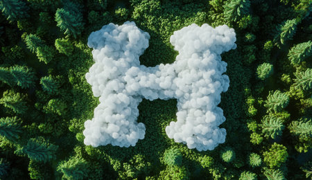 An aerial shot reveals a cloud shaped like the letter H nestled within a vibrant green forest. A captivating image of nature and design.の素材