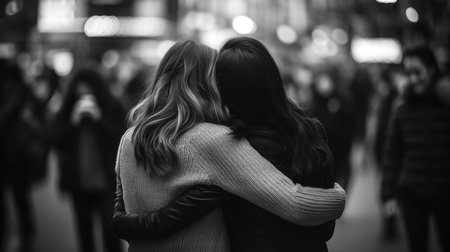 Two women embrace warmly in a bustling city street at night. The image focuses on their comforting hug, while the background is subtly blurred.の素材