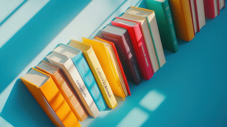 A vibrant display of colorful books arranged neatly, bathed in sunlight. A cheerful and inspiring image representing knowledge and learning.の素材