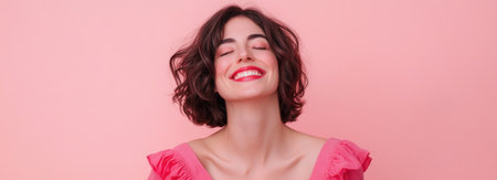 A joyful woman with closed eyes smiles serenely against a light pink backdrop. She is wearing a stylish pink dress.の素材