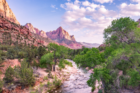 Sunset at Watchman mountain in Zion National Park. Beautiful landscape in Utah. Virgin River flowing in the mountains. Utah, USAの写真素材