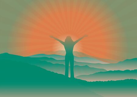 Woman with hands up on the top of mountain. Woman silhouette with raised arms. Sun rays illuminating hills.Vector illustration. Blue Ridge Mountains, North Carolina, USA.のイラスト素材