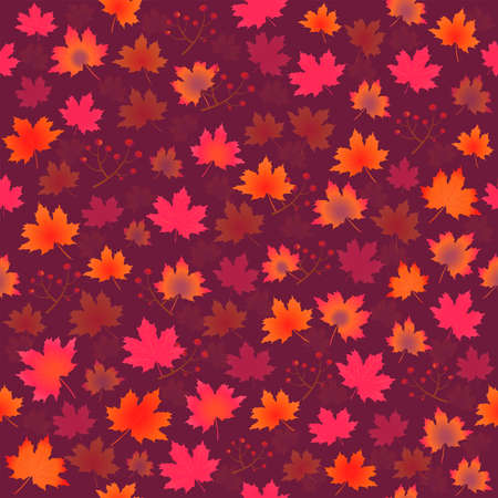 Autumn leaves seamless pattern. Fall background with red, yellow, purple and orange maple leaves and berries. Fall foliage background. Editable vectorのイラスト素材