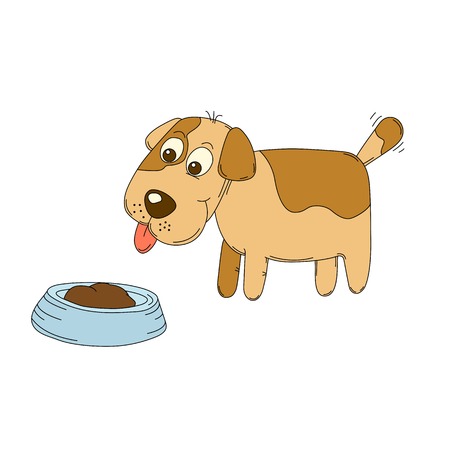 Hungry dog about to eat a bowl of dog foodのイラスト素材