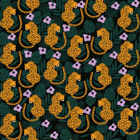 Doodle tiger with tropical leaves seamless pattern