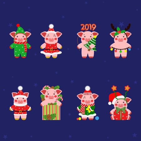 Set little pig, piggy characters illustration. Happy new yearのイラスト素材