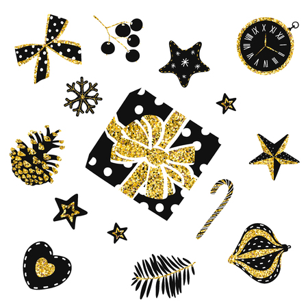 Merry Christmas set illustration scrap stickers for card. Gold glitter. Christmas sock, mistletoe, gift, berry, Christmas tree toyのイラスト素材