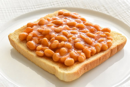 Beans on toast on a white plate.