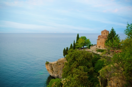 Saint John at Kaneo, macedonian orthodox church situated on Lake Ohrid in the city of Ohrid, Republic of Macedoniaの写真素材