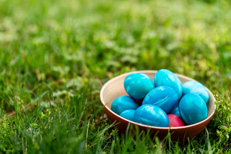 Decorated Easter eggs in grassの写真素材